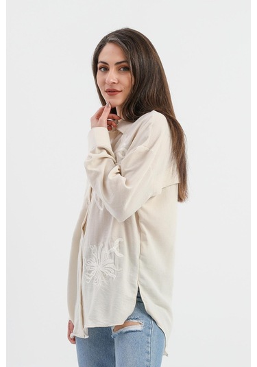 Pulpayet Nakışlı Keten Gömlek - Bej-bej Bej