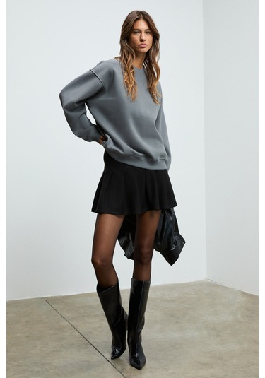 Grımelange Karıus Kadın Organik Pamuklu İçi Polarlı Oversize Yuvarlak Yakalı Gri Sweatshirt Gri