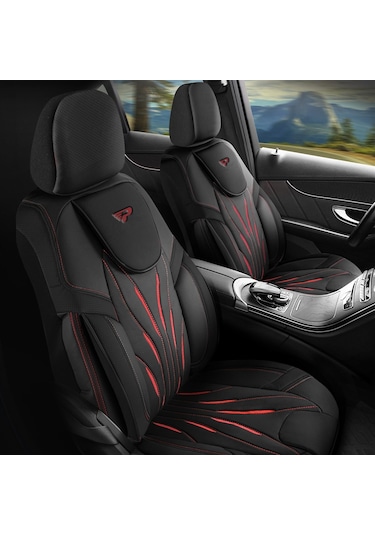 Panda Pars Serisi Deri Oto Koltuk Kılıfı - Siyah - Kırmızı