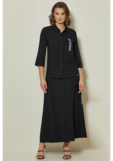 Bağcık Detaylı Siyah Dokuma Etek Siyah