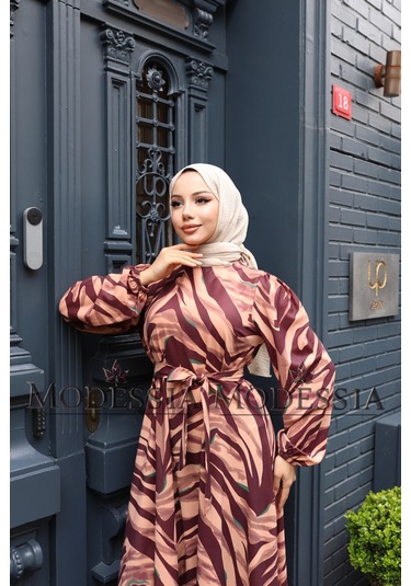 Kadın Kahve Zebra Aerobin Belden Kuşaklı Uzun Tesettür Elbise Z9512 Kahve