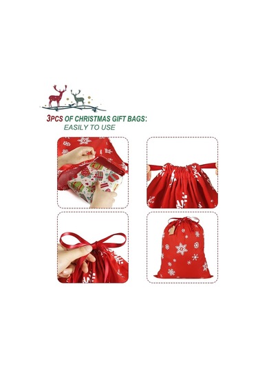 Yeniden Kullanılabilir Pamuklu Hediye Çantaları, Noel İçin 3'lü Paket Bez Çantalar Yde