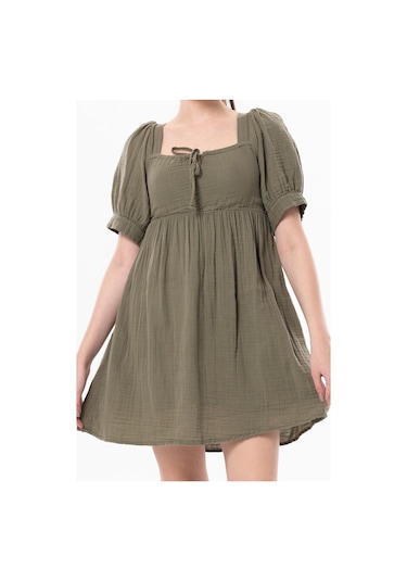 Kısa Kol Lara Kare Yaka Bağlama Detaylı Yazlık Müslin Elbise Haki Hk-haki Haki