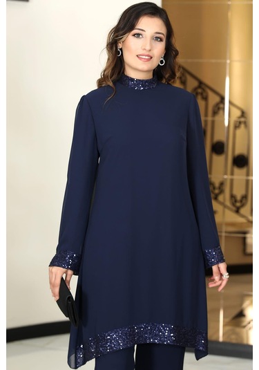 Umay Şifon Tunik Pantolon İkili Tesettür Takım Lacivert Lacivert