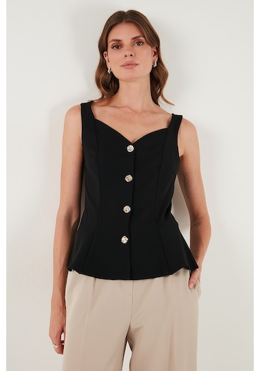 Lela Fitted Fit V Yaka Düğmeli Bayan Yelek 611Fyl145 Siyah