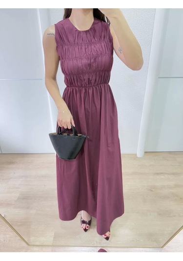 Kolsuz Göğüs Lastıklı %100 Poplin Uzun Elbise - Bordo Bordo