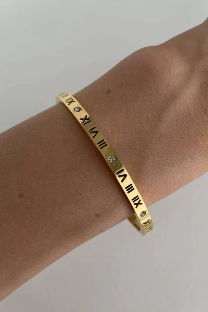 Roma Rakam İnce Taşlı Altın Çelik Bileklik Altın