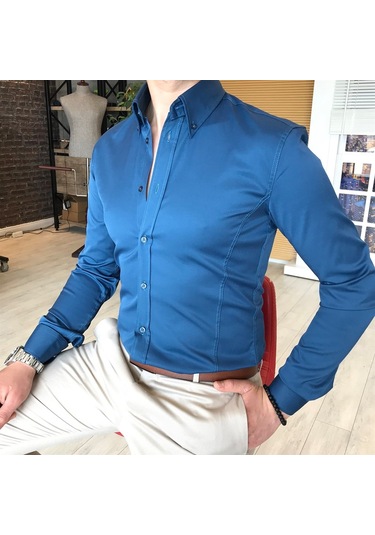 Italyan Stil Slim Fit Dik Yaka Saten Erkek Gömlek Lacivert T4752