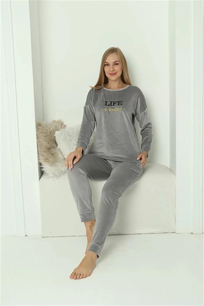 Moda Kadın Kadife Gri Pijama Takım Gri