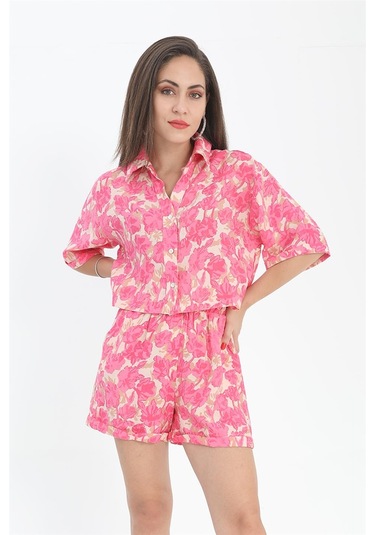 Gömlek Baskılı Kolu Duble Katlamalı - Fuşya-fuşya Fuşya