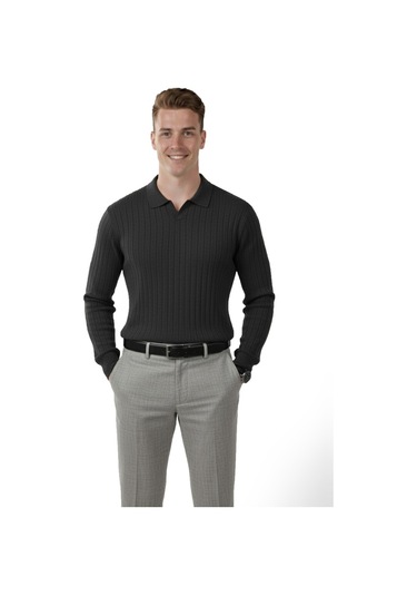 Deepsea Erkek Füme Polo Yaka Fitilli Triko Kazak %100 Pamuk, Esnek Dokulu, Modern Kalıp 2605305 Füme Deepsea Erkek Füme Polo Yaka Fitilli Triko Kazak %100 Pamuk, Esnek Dokulu, Modern Kalıp 2605305 Füme