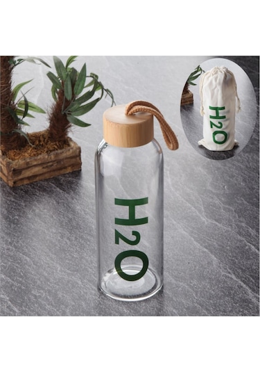 H2O Bambu Vakum Kapaklı Borosilikat Cam Matara Su Şişesi 600 ML