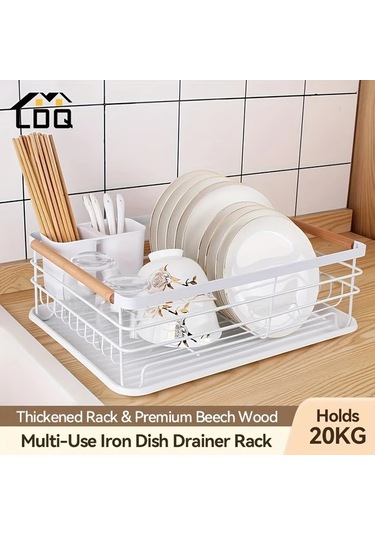Honeybeeshop Siyah Ldq Tek Katlı Bulaşık Kurutma Rafı Çıkarılabilir Çatal Bıçak Tutucu Damlalık Tepsisi Ahşap Sap Büyük Kapasiteli Paslanmaz Mutfak Tezgahı Düzenleyici Beyaz Siyah