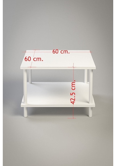Kare Orta Sehpa Ahşap Ayaklı Sehpa Iki Raflı Sehpa Dekoratif Sehpa Gazetelikli - Beyaz - 60cm X 60cm