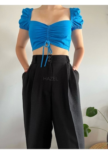 Hazel Kadın Siyah Yüksek Bel Keten Balon Pantolon-siyah Siyah