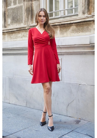 Kadın Likralı Krep Kumaş Kruvaze Anvelop Büzgülü Eteği Çan Uzun Kol Diz Boy Elbise-kırmızı Kırmızı