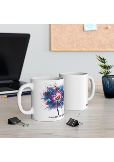 Beyaz Bilim Kupa Bardak - Sinir Hücresi, Dna Ve Kozmos Tasarımlı, Bilim Sever Hediyesi Beyaz