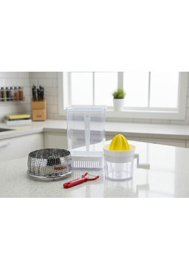 Ludıa Narenciye Sıkacağı,sebze Saklama Kabı,sebze Pişirici Ve Sebze Meyve Soyacağı 4 Lü Set Gri - Şeffaf