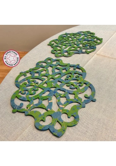 Uretti - Gülin 6449 - Ebru Sanatı İle Elde Yapılmış Lazer Kesim Keçe Supla 2li Takım 40cm - Yeşil Yeşil