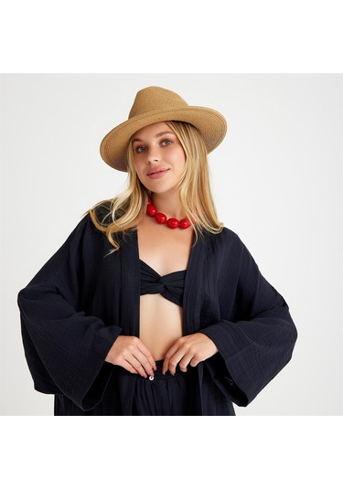 Pamuklu Dokuma Beli Kuşaklı Mini Kadın Kimono Kaftan - Standart Siyah