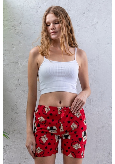 Giysa Kadın Beli Lastikli Desenli Şort Pijama Altı Kırmızı - 2027 Kırmızı