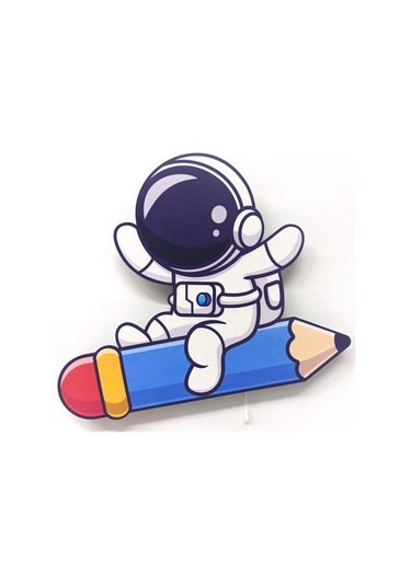 CajuArt Kalem Astronot Ahşap Led Işıklı Çocuk Odası Duvar Tablosu