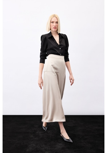 Sateen Yüksek Bel Saten Etek - Vizon-136787 Vizon