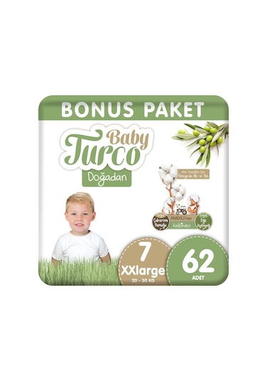 Baby Turco Doğadan Bebek Bezi 7 Numara XXlarge Bonus Paket 62 Adet