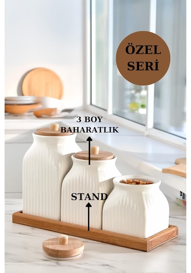 4'lü Standlı Vakumlu Ahşap Kapaklı Beyaz Kavanoz Seti Takımı Baharat Çay Tuz Şeker Kahve Kavanozu Beyaz - Kahverengi