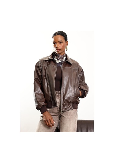 Kahverengi Kontrast Dikişli Deri Bomber Ceket Kahverengi