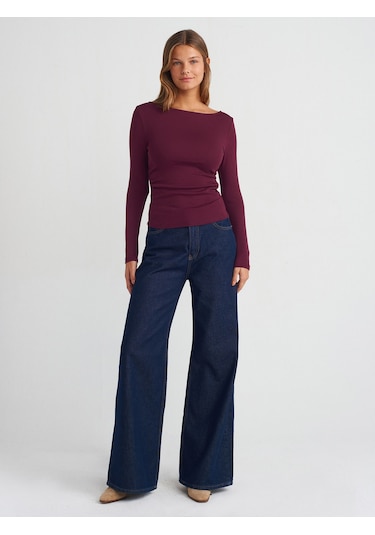 Dilvin 31401 Büzgülü Kayık Yaka Top-bordo Bordo