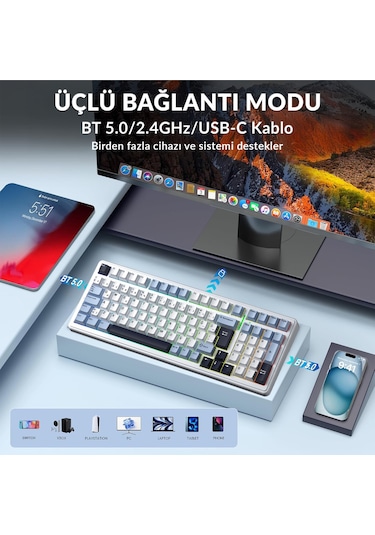 Aula F99 Mekanik Rgb Graywood V4 Switch 3 Modlu Kablosuz Makrolu Hot Swap Türkçe Q Klavye Lacivert