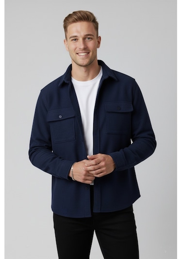 Deepsea Lacivert Cepli Likralı Kadife Kumaş Rahat Kesim Erkek Gömlek Yumuşak Dokulu, Şık Tasarım Gömlek 2600759 Lacivert