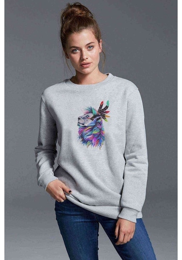 Kağıt Rengi Boyama Tuval Çizim Aslan Baskılı Gri Kadın Sweatshir
