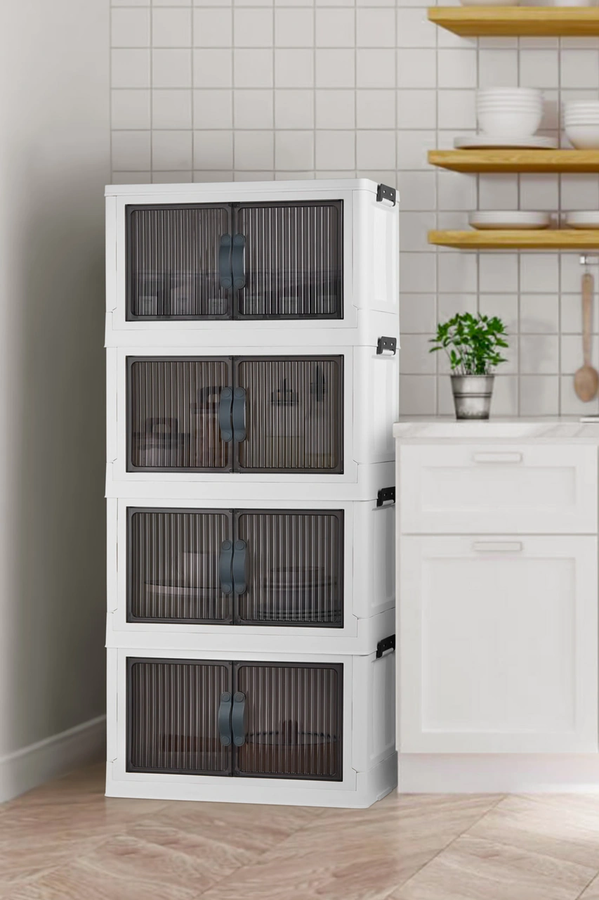 4'lü Portatif Istiflenebilir Organizer Mıknatıslı Kapaklı Dolap - Sert Plastik Mutfak Banyo Dolabı Beyaz