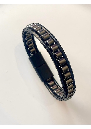 %100 Deri&hematit Kombinli Erkek Bileklik Boyut Net 21cm Füme