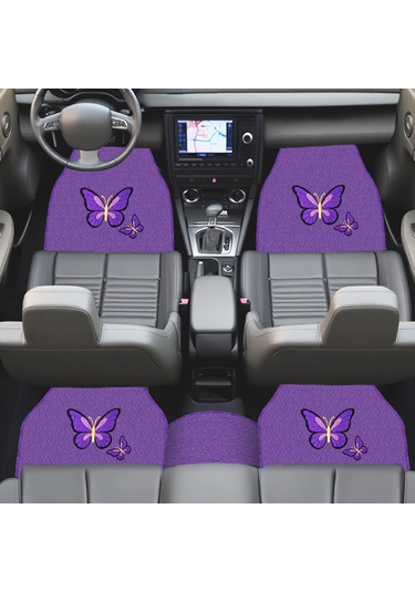 Kelebek Desenli Nakışlı Mor Renk 5 Li Oto Halı Paspas Seti Şık & Dayanıklı Araç İçi Aksesuar