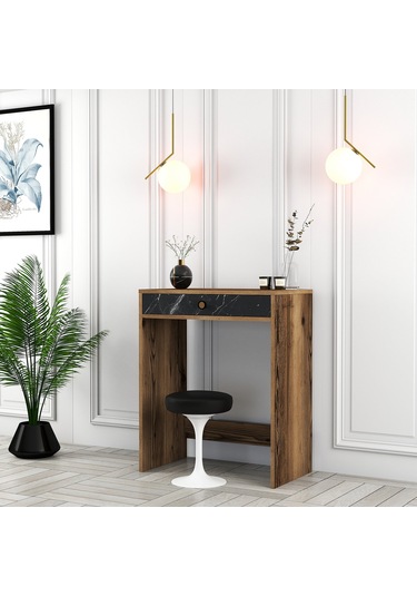 Lizbon Mini Makyaj Masası - Ceviz / Siyah Mermer