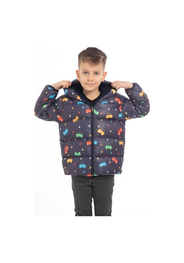 Erkek Çocuk Içi Polarlı Kapüşonlu Araba Yıldız Ay Desenli Kışlık Şişme Mont Lacivert