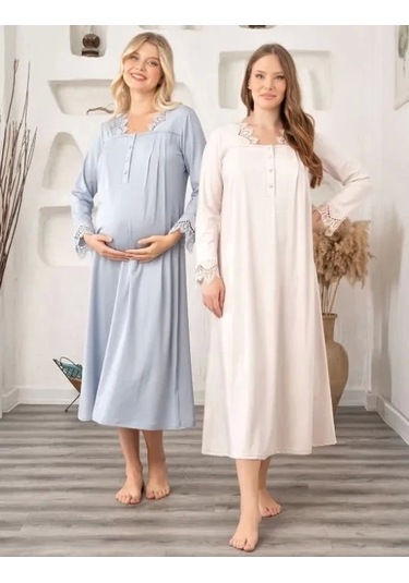 Bone 5911 Kadın Lohusa Müslim Yaka Gecelik Bej