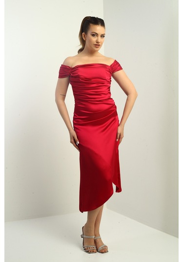 Kadın Madonna Yaka Drapeli Asimetrik Saten Kısa Elbise Mürdüm