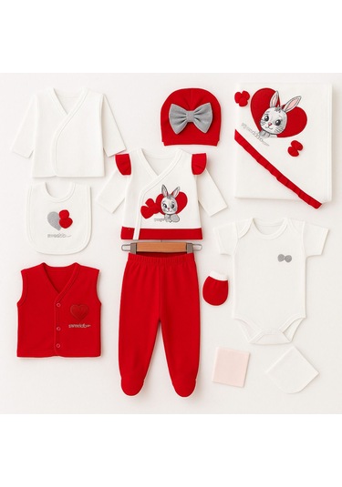 Kırmızı Tavşan Desenli 10 Parça Yenidoğan Bebek Hastane Çıkış Seti Kırmızı