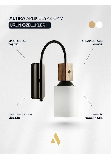 Altira Ahşap Süslemeli Duvar Apliği Rustik Modern Stil, Opal Ve Bal Camlı Beyaz
