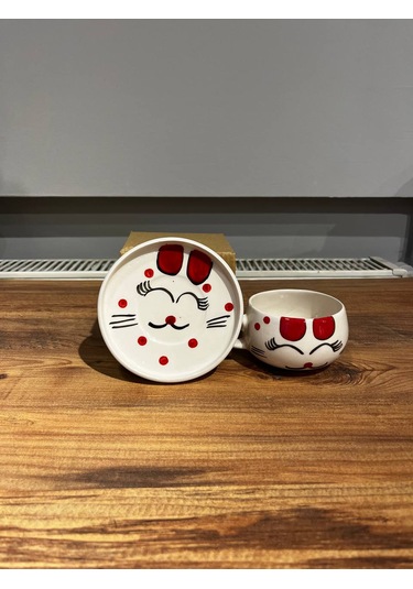Kedi Desenli Tabaklı Seramik Kupa, Mug, Double T. Kahvesi Filtre