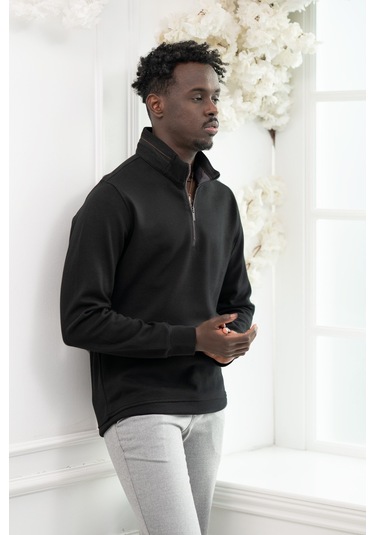 San&Fa Regular Fit Biyeli Fermuarlı Dik Yaka Armürlü Pamuklu Sweatshirt Siyah