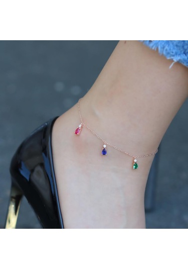 Renkli Zirkon Taşlı Damla Modeli Rose Gold Kaplama Gümüş Halhal Gümüş