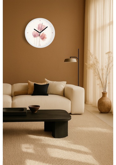 Gül Çiçek Tasarım Modern Duvar Saati - 35cm - Önü Camlı Beyaz Kasa - Sessiz Mekanizma Beyaz