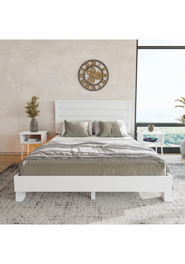 Hüma Model Beyaz Renk Çam Ahşap Karyola Yatay -278 180 x 200 CM