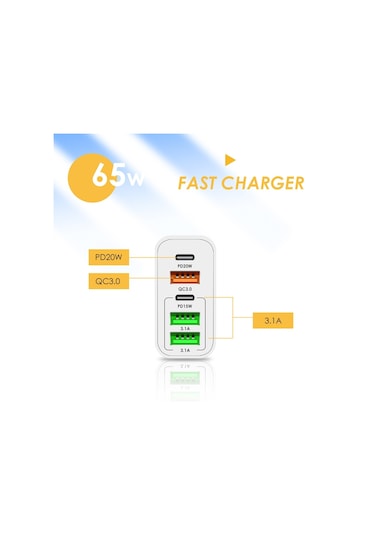 65w Çift Pd Tip-c + 3 X Usb Çok Portlu Şarj Cihazı 3a Tip-c Tip-c Veri Kablosu İle, İngiltere Fişi Beyaz Beyaz
