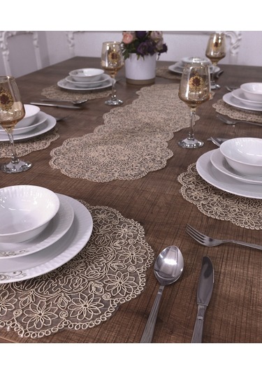 Amerikan Servis Bej Renkli Supla ve Runner 6 Kişilik Set Çok Renkli